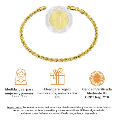 Ldpoml Pulsera Oro 10k Torsal Lisa 3 Mm X 17.5 Cm