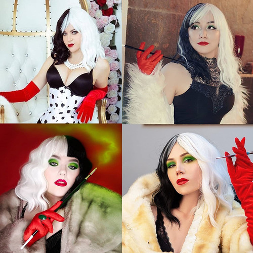 Imagen 5 de 6 de Peluca Cruella Devil Cosplay De Longitud Media Con Gorro De