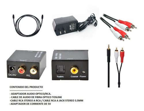 Imagen 1 de 8 de Convertidor Adaptador Digital Audio Optico Rca +cable Óptico