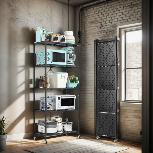 Estante Plegable 5 Niveles Móvil Metal Rueda Cosina Negro