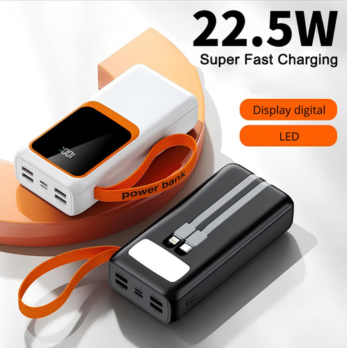 Carregador Portátil Power Bank 30000mah 22.5w Portátil Com Cabo Usb-c E iPhone Carregamento Turbo Powerbank Turbo Power Bank Carregador Rapido Compatível Com iPhone E Android Powerbank Com Lanterna