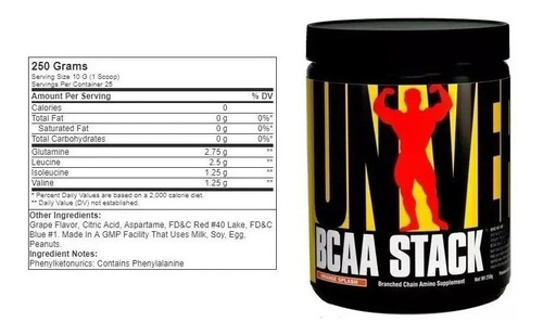Imagen 2 de 7 de Bcaa Stack Universal 250g Con Glutamina Polvo Duro Grumos