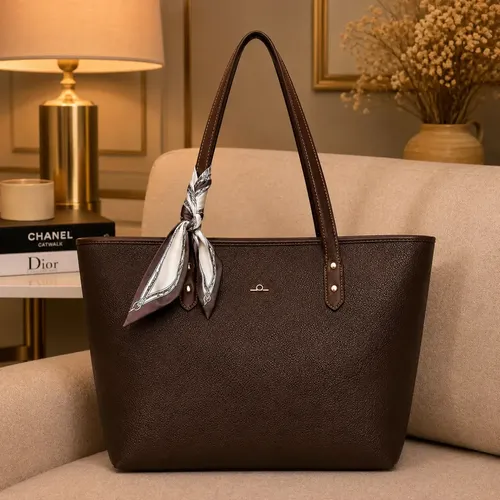 Bolsa Feminina de Ombro Tote Café Couro Pu com Alça e Lenço