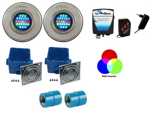 Kit Iluminação Piscina 2 Refletor Led 25 Inox Rgb + Comando