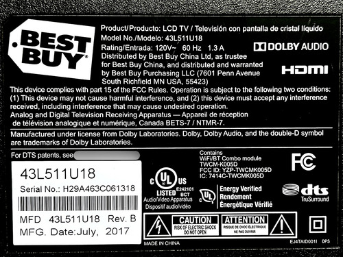 Tarjeta Madre Main Toshiba 43l511u18 Sbm55t Vtv-l55627 (Usado)
