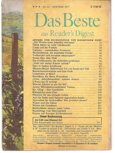 Revista Selecciones Readers Digest Nº 10 Okto 1977 En Aleman