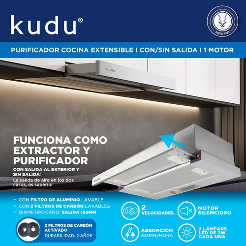 Imagen 2 de 10 de Purificador De Cocina Extensible Acero 60cm Con/sin Salida