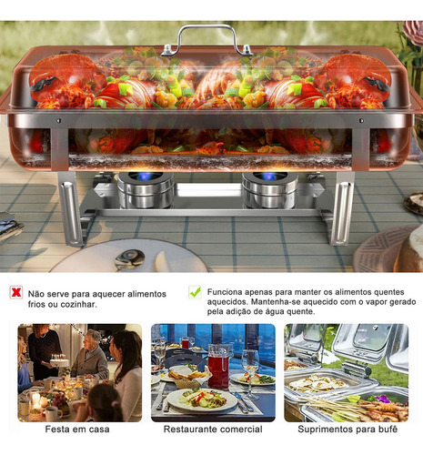 Rechaud Retangular 11 Litros Com 2 Cubas 1/2 Banho Maria E Fogão A Álcool 100% Aço Inoxidável Ideal Para Bufês Restaurantes Banquetes Potlucks Gaonas®