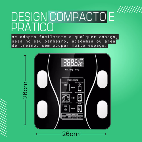 Balança Bioimpedância Corporal Imc Digital Aplicativo Bluetooth 180kg Preto