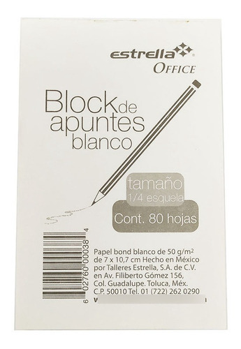 Block Nota Estrella 80h Blanco1/4 Engomado 50 Pzs