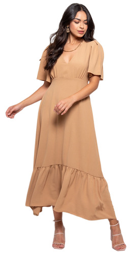 Vestido Bisô Midi Babado Liso Caramelo