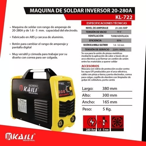 Maquina de soldar con inversor 20-280A KL 722 KAILI Peru