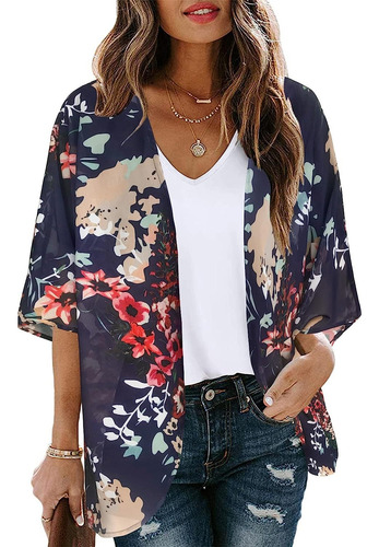 Polera Kimono Cardigan Mujer Estampado Floral Manga Burbuja