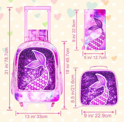 Conjunto De 3 Mochilas, Mochila Con Ruedas Para Niñas Fiusha/ Morado Sirena