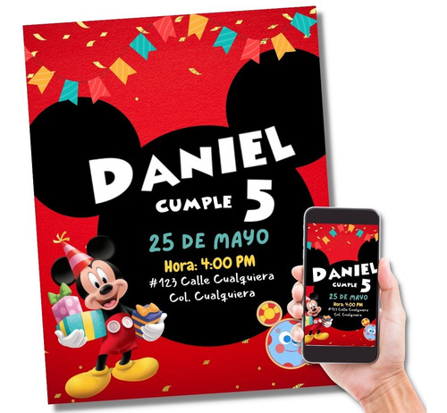 Invitación Digital Mickey Mouse Cumpleaños Fiesta