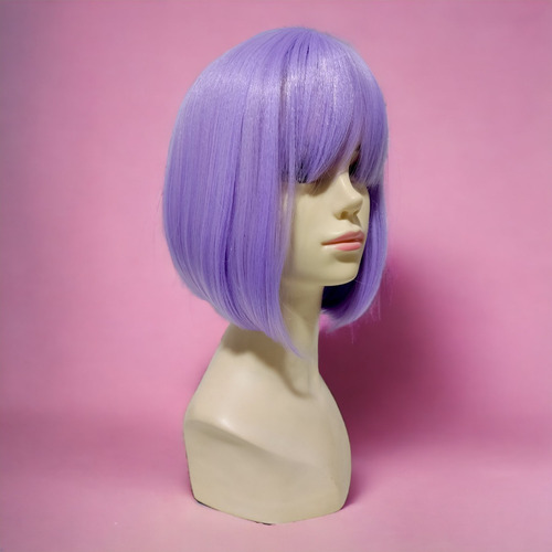 Peluca Morado Lila Melena Lisa Tipo Bob Con Fleco Tamaño De La Base 40 Cm