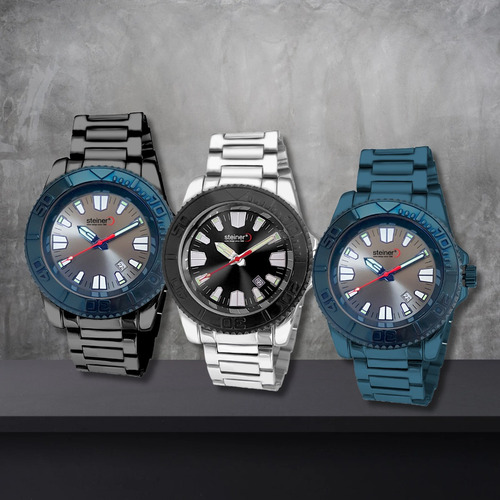 Reloj Steiner Analogo Extensible Acero Inoxidable Dial 3atm Correa Plateado Fondo Negro