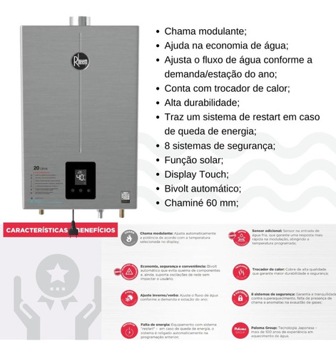 Aquecedor A Gás Rheem 20 Litros Cor Inox Digital Glp Inox Glp