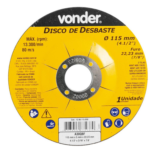 Disco De Desbaste 115 Mm X 5,0 Mm X 22,23 Mm Vonder