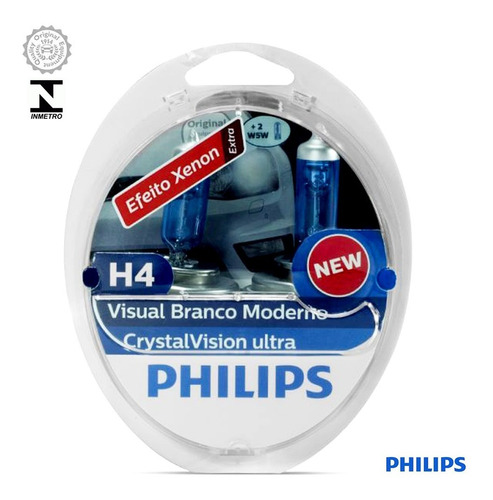 Kit Lâmpada Super Branca Philips H4 4300k 55w Crystal Vision