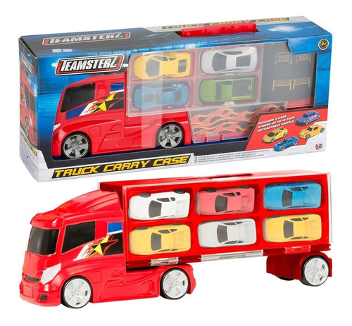 Camion Transportador Vehiculo + 4 Autos Metal Teamsterz 35cm Color Rojo