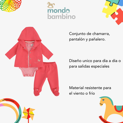 Conjunto Pantalón Chamarra Y Pañalero De Bebé Mondo Bambino Rosa Fucsia 3 M