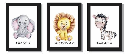 Quadros Safari Animais Para Quarto Infantil Com Frases Cor Kit 1 Preto