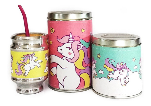 Imagen 1 de 3 de Combo Mate Aluminio Madera Yerbera Azucarera Unicornios