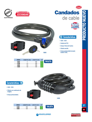 Candado De Cable De Combinación 8 Mm X 1 M Lock