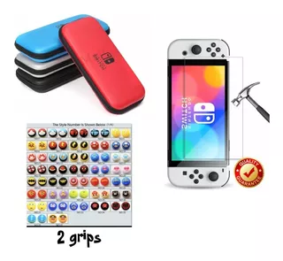 Estuche Rígido +vidrio Templado +2grips Nintendo Switch Oled