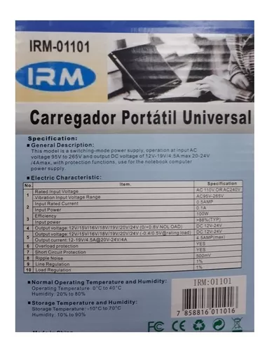 Cargador Portátil Universal Ajustable Notebook 12-24v 120w IRM