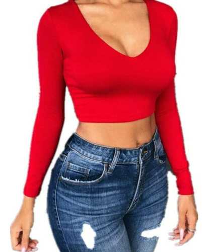 Cropped Croped Manga Longa Decote V Tecido Suplex Slimfit Branco P