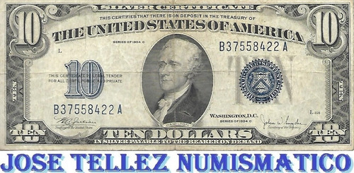 Ee Uu Antiguo Billete 10 Dolares 1934 Sello Azul Mb- Palermo