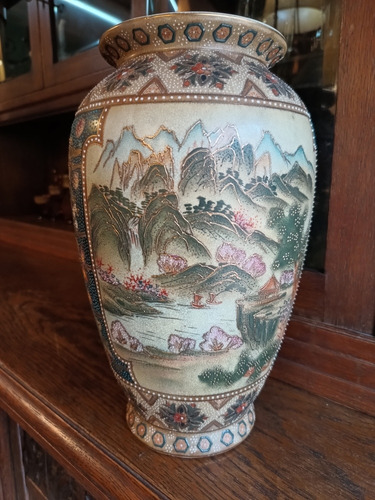Antiguo Jarrón Oriental En Cerámica Gres. (Usado)
