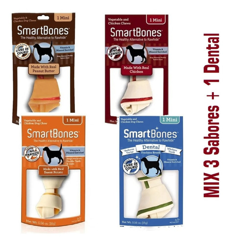 Kit Petisco Para Cães Smartbones Mini 4un Individuais De 16g
