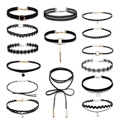 15 Collares Gargantilla Accesorios Mujer Negro Encaje Gotico