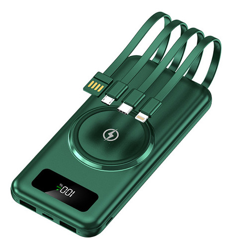 Power Bank 10000mah Com 4 Cabos E Carregamento Sem Fioled Cor Verde