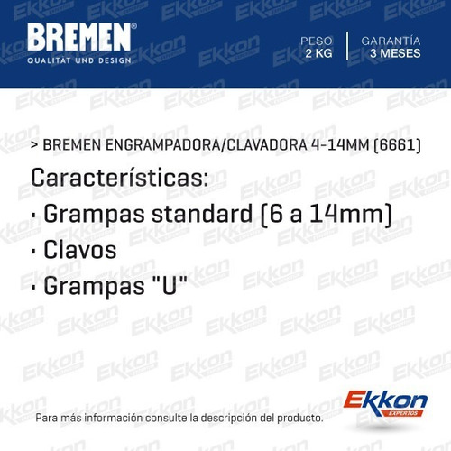 Imagen 2 de 10 de Engrampadora Clavadora Metalica Bremen 4-14 Mm 6661