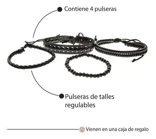 Imagen 3 de 7 de Pulsera Hombre Conjunto 4 En 1 Trenzados Bolitas Cuero Negro