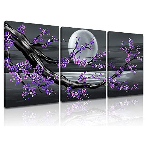 3 Piezas De Arte De Pared De Árbol De Flores Moradas D...