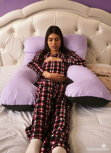 Almohada Embarazo Lactancia Ortopédica Novadesk 7en1 Algodón Premium Soporte Integral Cómodo Multifuncional Bebé Maternidad Premium Gemelos Lila con gris liso