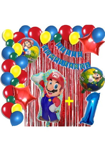 Kit De Globos Super Mario Bross Metalizado + Número.