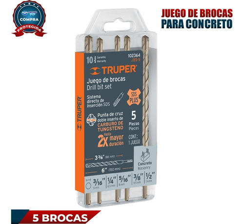 Juego De 5 Brocas Para Concreto Sds Plus Para Concreto