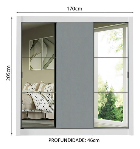 Guarda-roupa Casal Madesa Mônaco 3 Portas Correr Espelhos Bc Cor Branco/Cinza