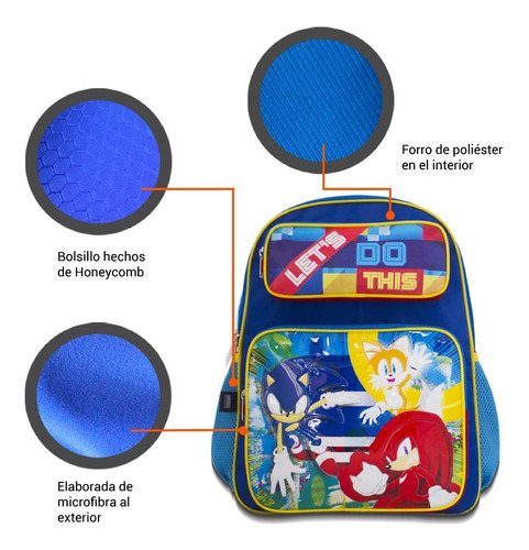Imagen 7 de 8 de Mochila Escolar Infantil Sonic Triple Compartimiento Amplia