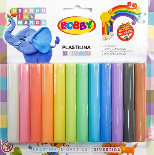 Imagen 1 de 3 de Plastilina Escolar Color Pastel X12 Colores Bobby Plastilina