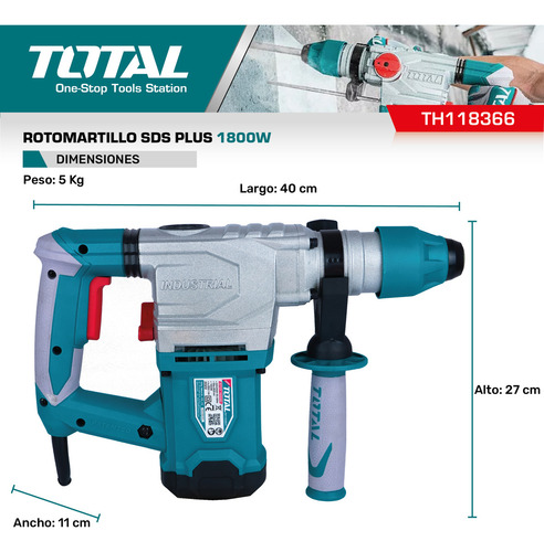 Rotomartillo 1800w Total Sds Plus 7.0j Color Turquesa Frecuencia 50 Hz/60 Hz