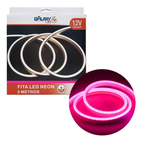 Fita Led Neon Rosa 12v Rolo 5 Metros 12w/m Galaxy