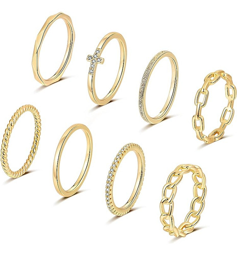 8 Anillos Apilables Chapados En Oro 14 Quilates Para Mujer A