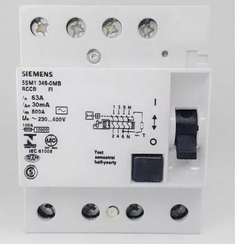 Interruptor Diferencial 63a 230/400v Siemens 5sm1 346-0mb